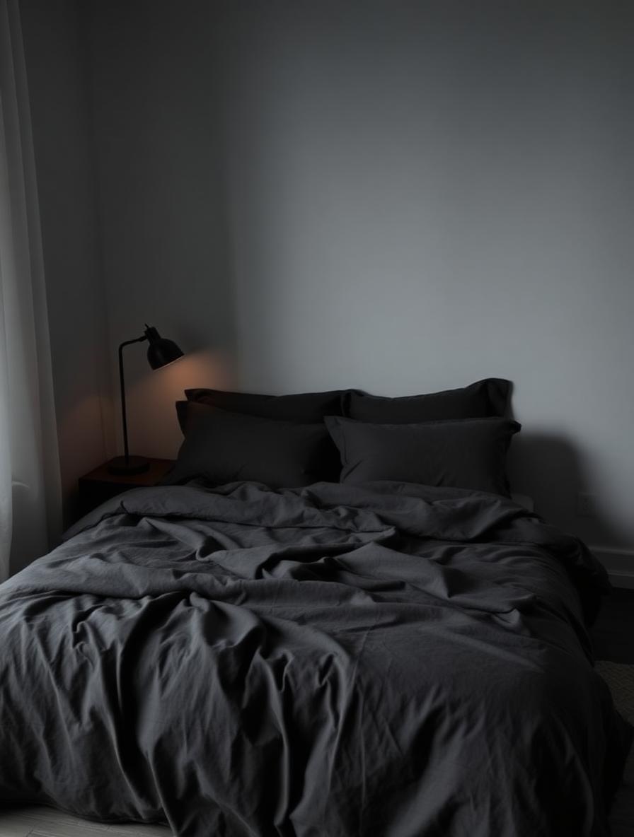 Charcoal sheets on a queen bed under a warm lamp