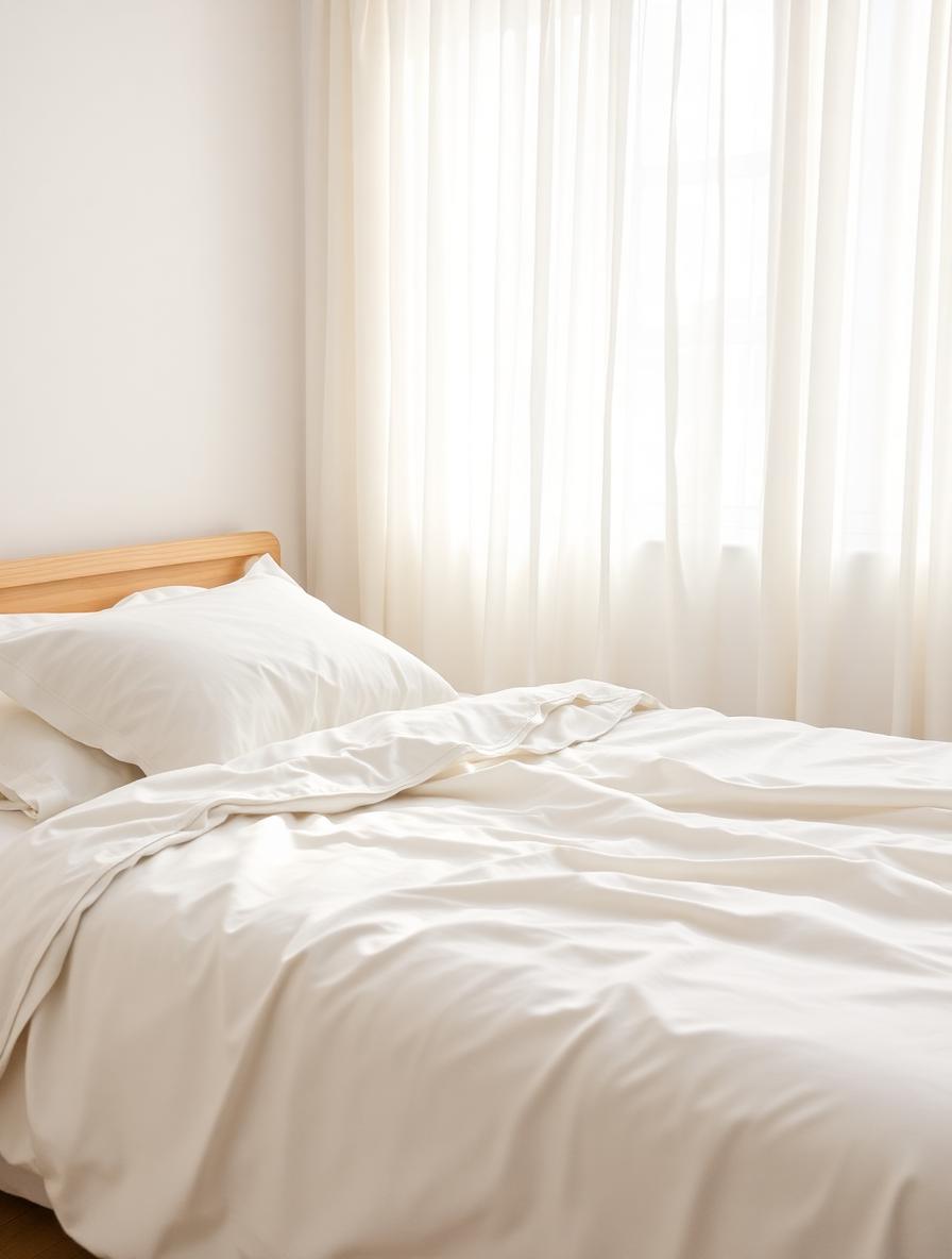 Ivory sheets on a queen bed in morning light